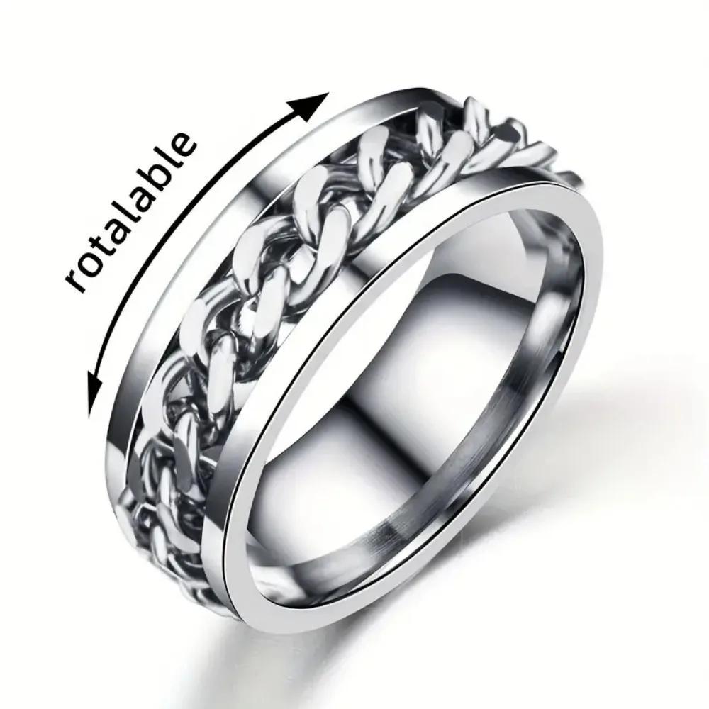Stainless Steel Men's Woman Cool Rotatable Chain Ring Casual Finger Ring, Exquisite Men's Accessory Zircon
