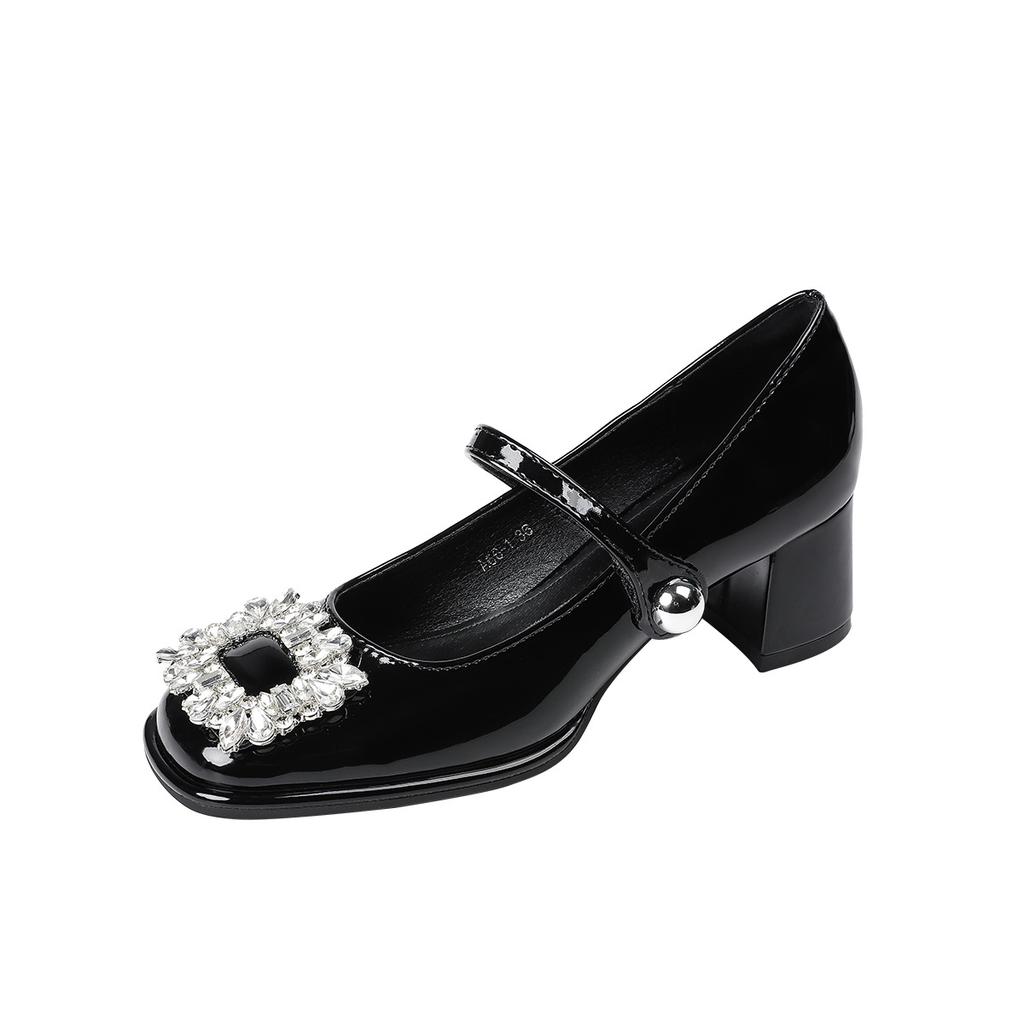 A66-1 Internet Celebrity Square Buckle Rhinestone Single Shoes Women's New French Square Head Thick Heel One-word Buckle Belt Medium Heel Mary Ja