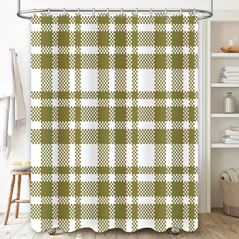 Plaid Shower Curtain Set Bathroom Decor Green White Checkered Waterproof Washable Fabric Home Decoration Free Shipping