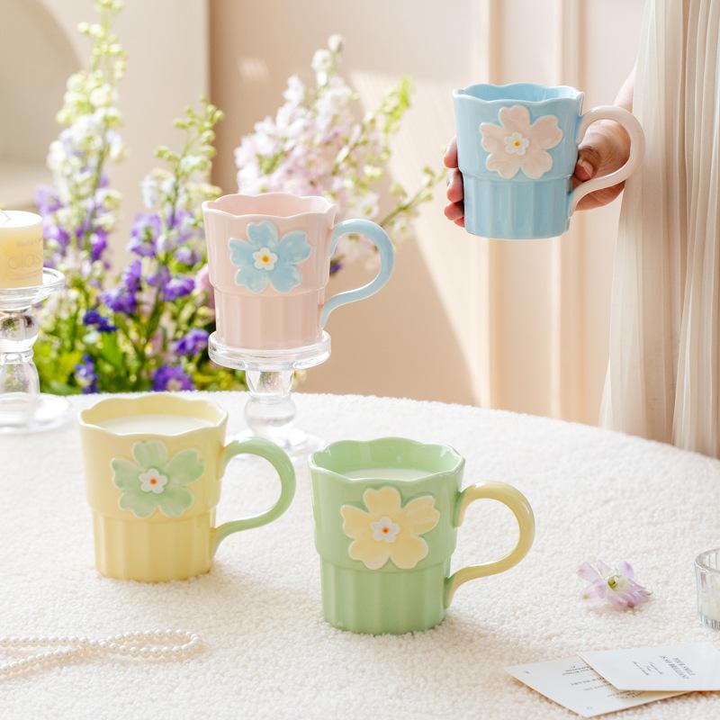 Creative Hand-painted Relief Contrasting Color Flower Cup Household Water Cup Design Sense Niche Mug Ceramic Souvenir Coffee Cup