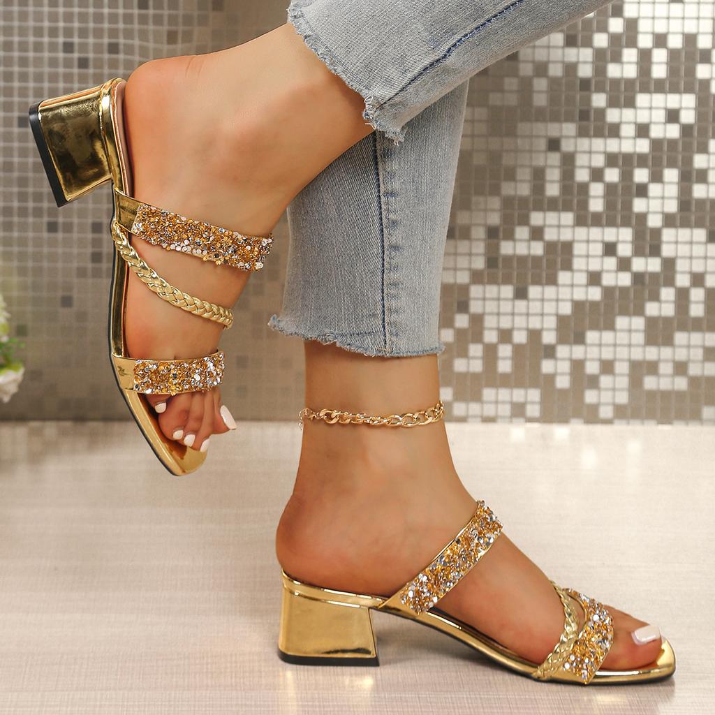 Fashion Fashion Glitter Thick Heel Slippers for Women 2025 Summer Shiny Sequins Square Heel Sandals Woman Glod Silver Square Toe Slides