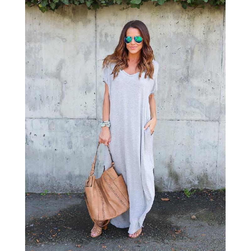 Summer New Women's Solid Color V-Neck Loose Casual Pocket Slit Dress