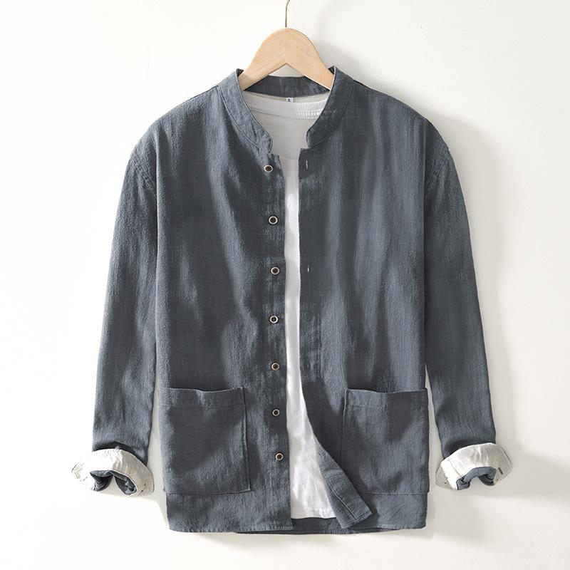 Chinese Style Long Sleeve Men Shirt Traditional Men Clothing Solid Color Stand Collar Cotton Linen Button Shirt Daily Casual Tops Big Pockets