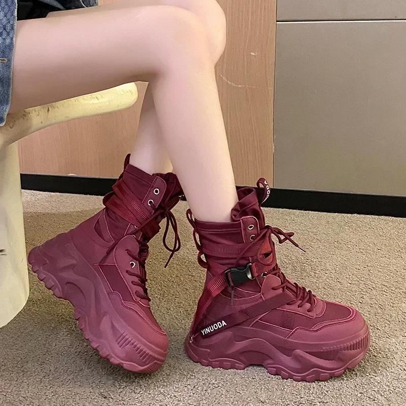 Fashion Classic Lace-up Platform Boots Women Mid-calf Flat Boots for Women Mesh Leather Splicing Light Non-slip Breathable Casual Boots