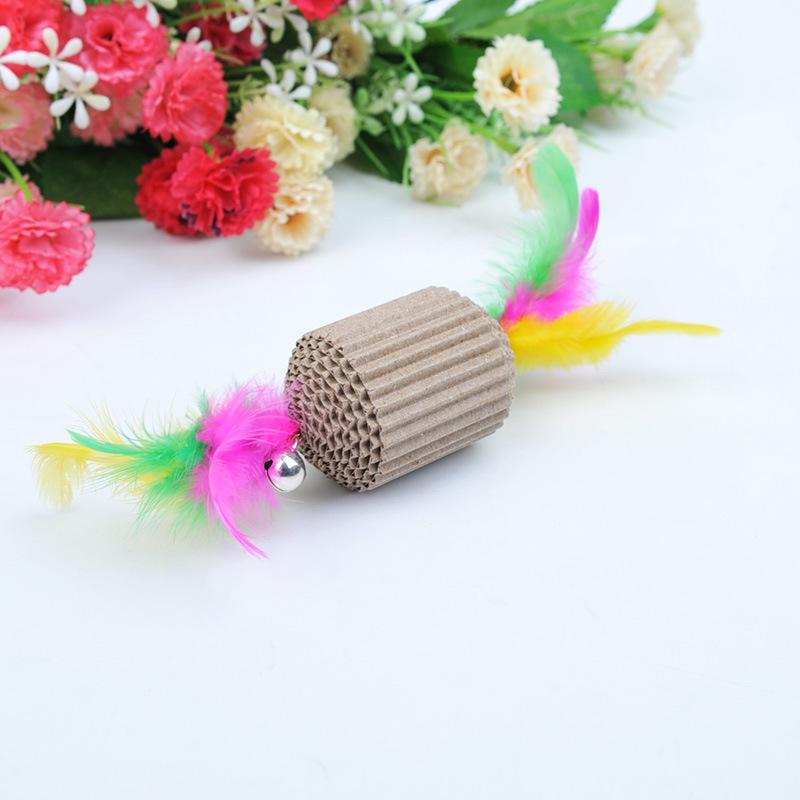 New Pet Cat Bell Feather Dumbbell Fun Cat Stick Toy Eco-friendly Corrugated Claw Grinding Toy