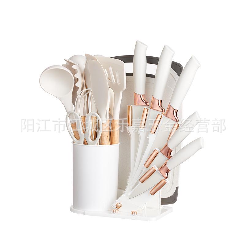 19-Piece Non-Stick Silicone Kitchen Utensil Set with Knives and Storage Bucket