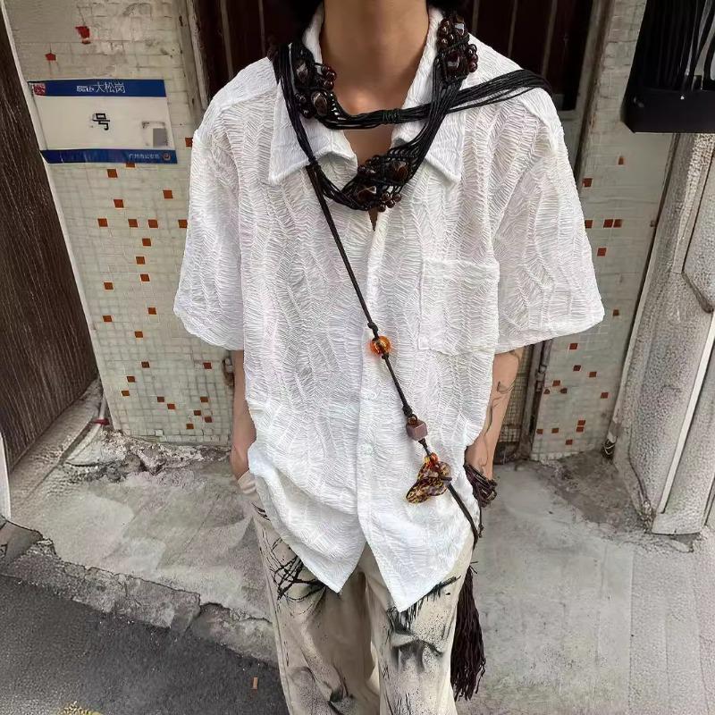 

Men s Black Textured Short Sleeve Shirt Casual Chinese Style Bead Detail Streetwear Top 2XL білий