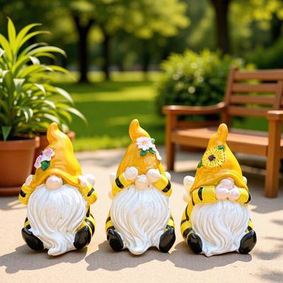 3 Pcs Spring Garden Gnome Figurines Hear See Speak No Evil Flower Gnome Statue Small Resin Dwarf Table Ornament