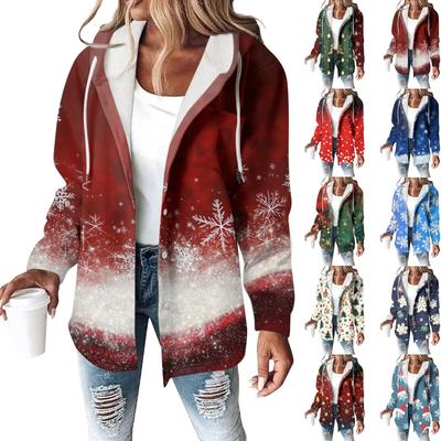 Hoodies für Frauen Winter Warm Sweatshirt Knopf Kordelzug Kapuzen Print Jacke Mantel