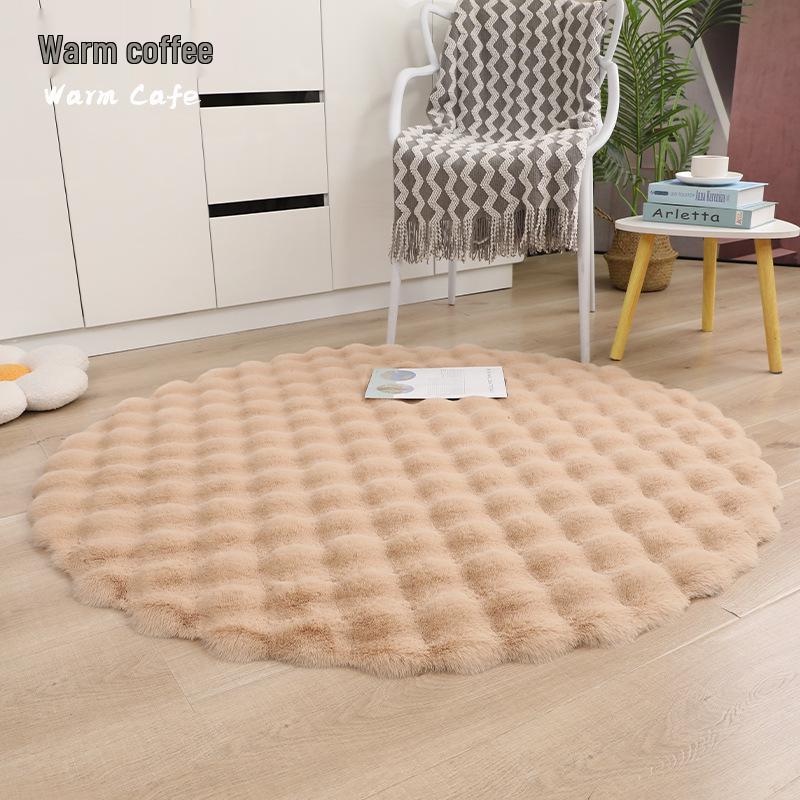 Cream Faux Rabbit Fur Round Rug - Bubble Fleece Bedroom Bedside Cushion Mat