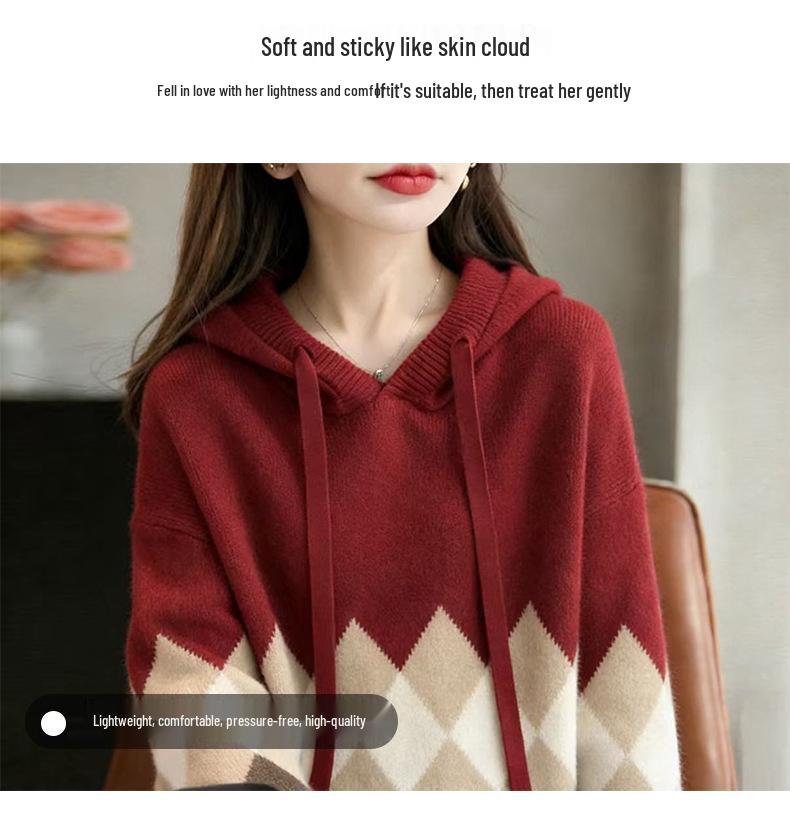 Women's Loose Red Diamond Pattern Hooded Sweater - Autumn/Winter Stylish Knit Top
