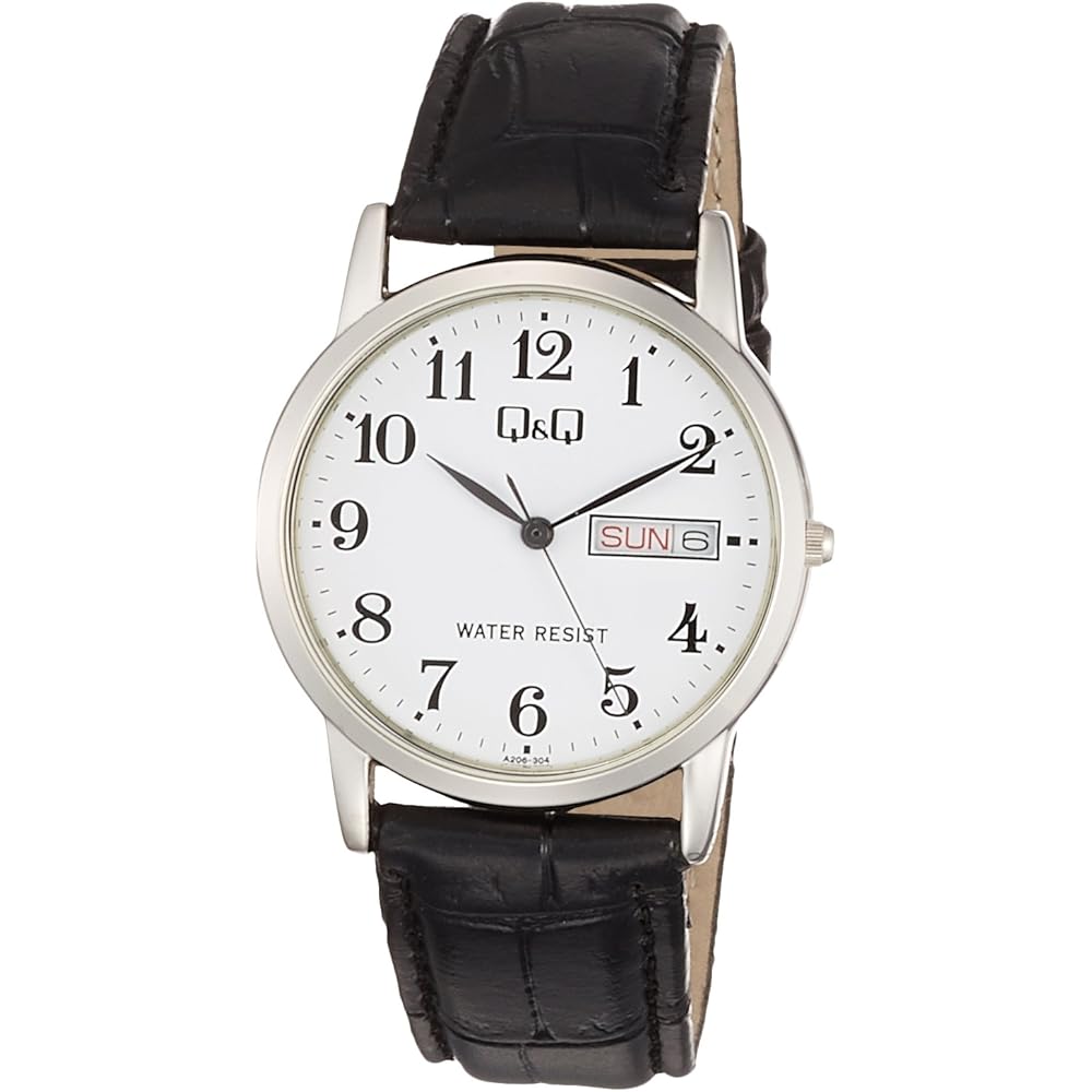 Citizen Q&Q Analog Waterproof Watch Date Day Leather Strap A206-304 Men s White