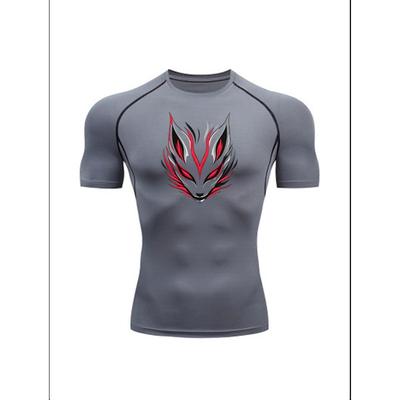 Men'S Grey Kitsune Fox Head Print Compression T-Shirt, Quick Dry Short Sleeve Gym Workout Tee, Japanese Myth Inspired Athletic Training Top for Men