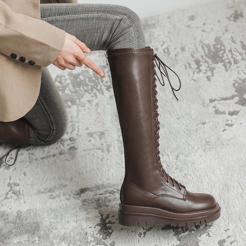 Martin Boots Black Thick-soled Slim Lace-up High Boots Long Knight Boots Women's Autumn and Winter