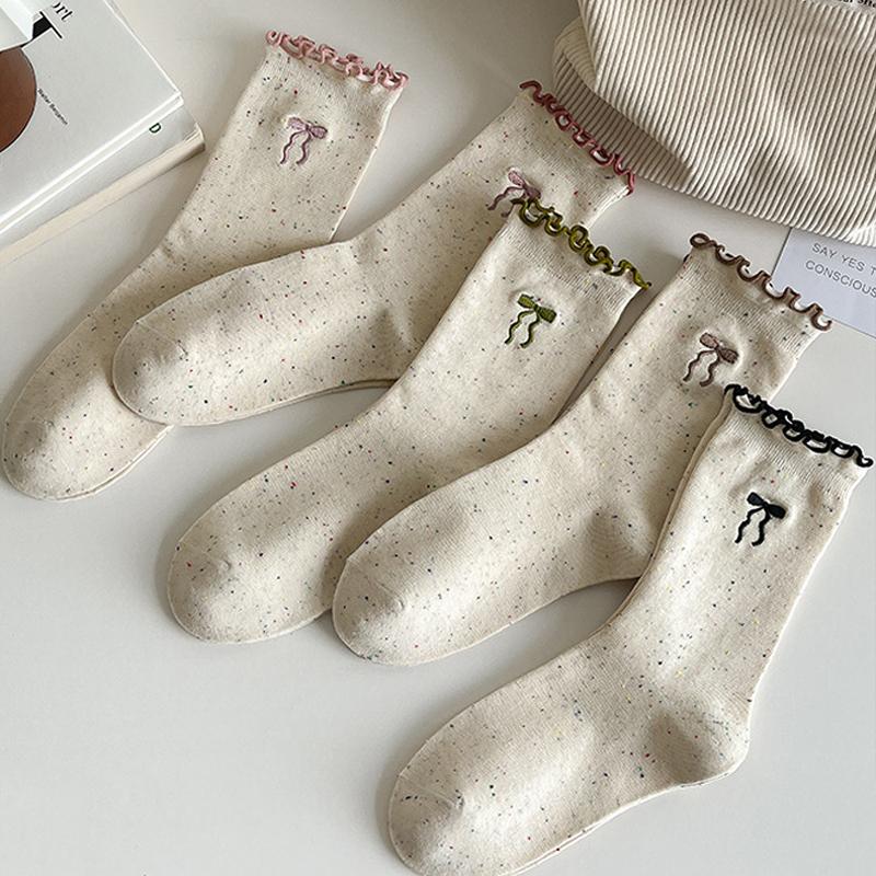 SCIONE Women's Pile Socks Solid Color Cotton Socks Spring and Autumn Yarn Stockings Cute Kapibala Series Ruffled Trim Embroidered Girl Socks