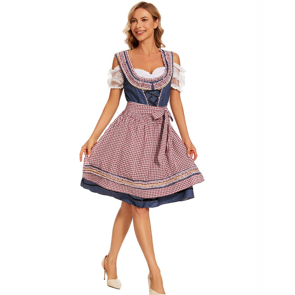 Traditional Bavarian Style Dress Oktoberfest Costume Women's Stage Performance Dress Maid Outfit with Apron and Lace Details