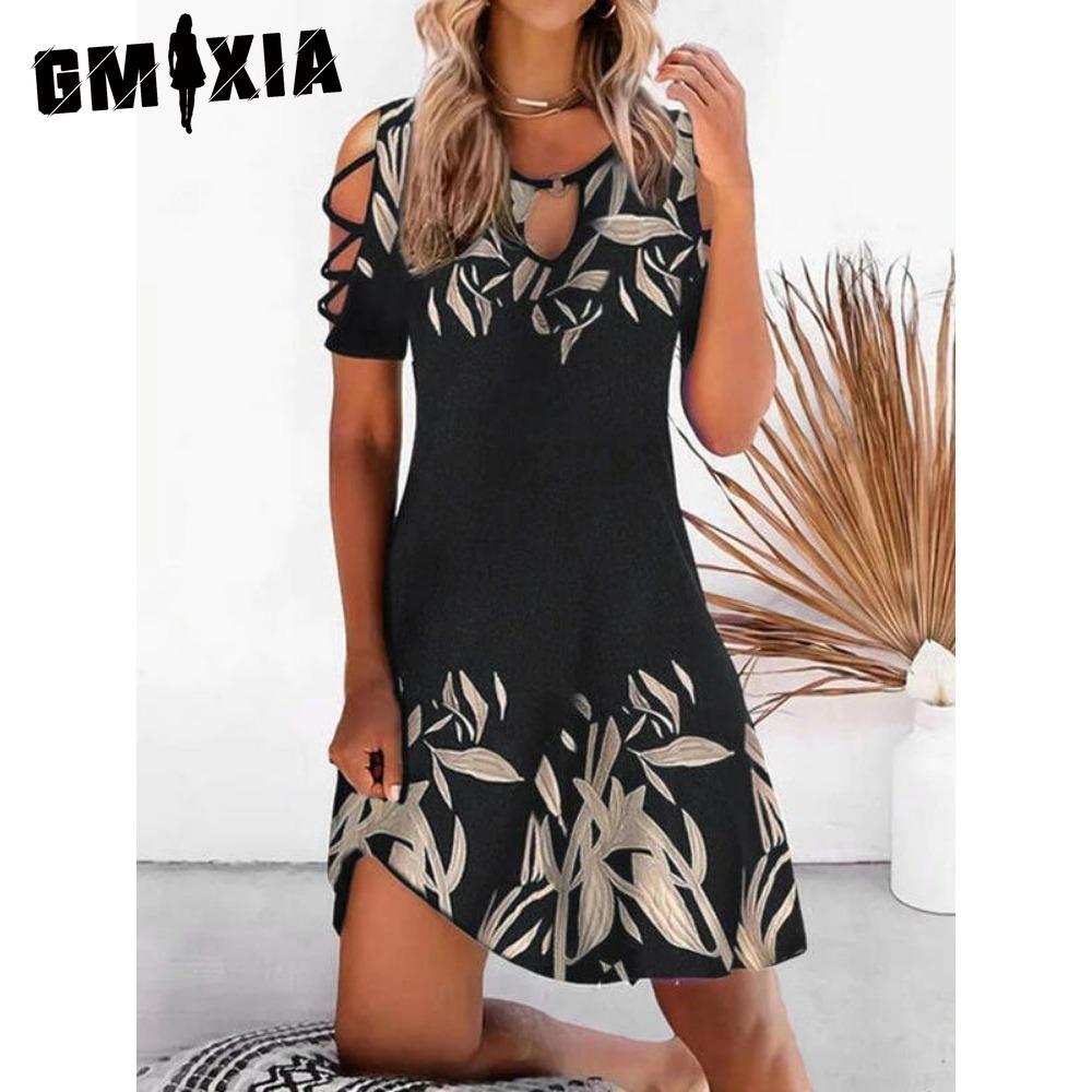 GMXIA 13 Farben Damen Kleid mit Blumenmuster Sommer Sexy Kurzarm O-Ausschnitt Mini Kleider Weiblich Vintage Elegantes Kleid
