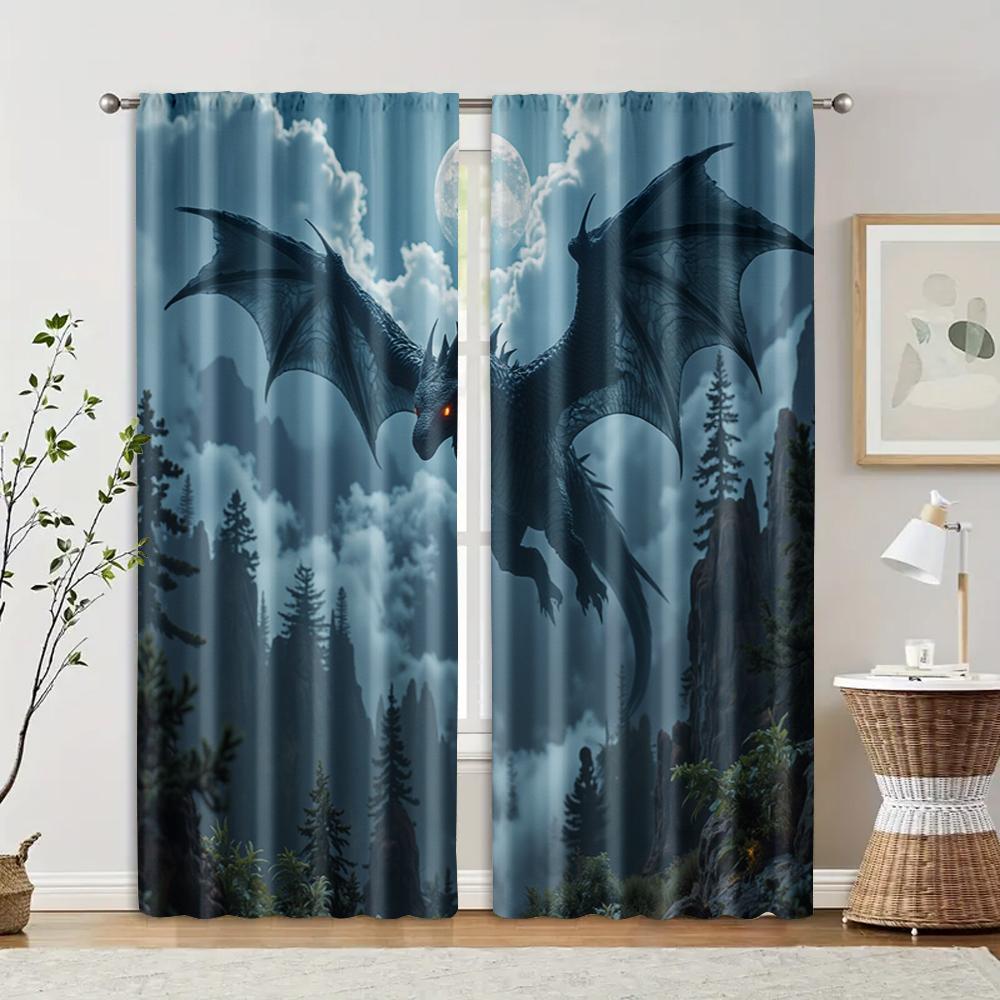 

2 pcs filtering curtains (excluding rods non-movable without batteries) Dragon Forest for use in bedrooms and living rooms 100*130 HOOK 1pcs