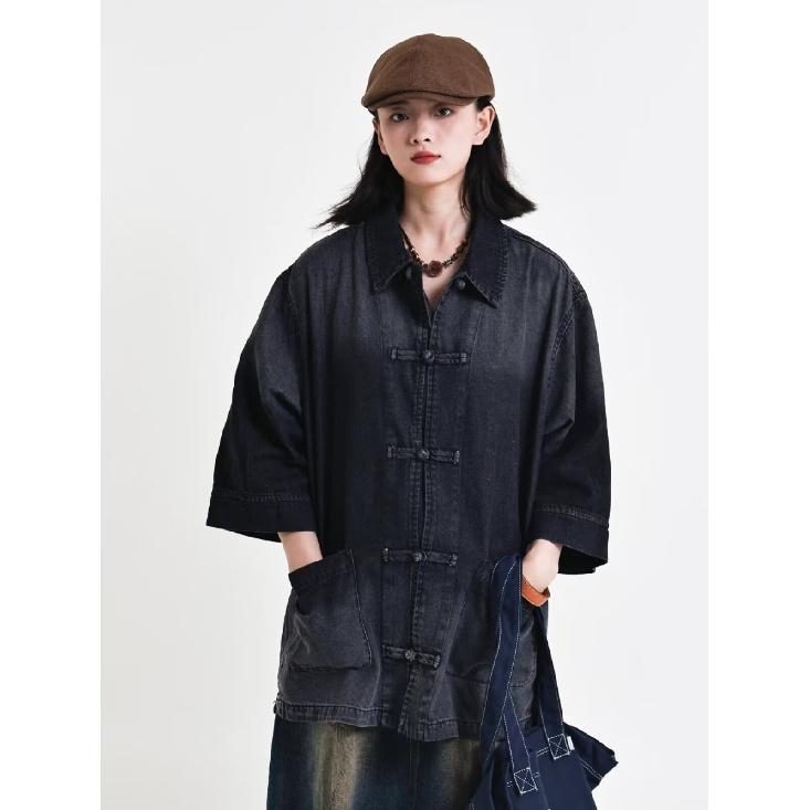 Short Sleeved Shirt Men'S Summer Japanese Retro Loose Casual Five Quarter Sleeved Shirt Trendy Brand Shirt Jacket