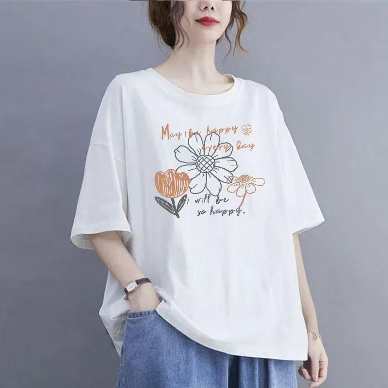 

Футболка с короткими рукавами из хлопка с подсолнухом, женская летняя, большого размера, свободная, модная, повседневная, с короткими рукавами 2XL