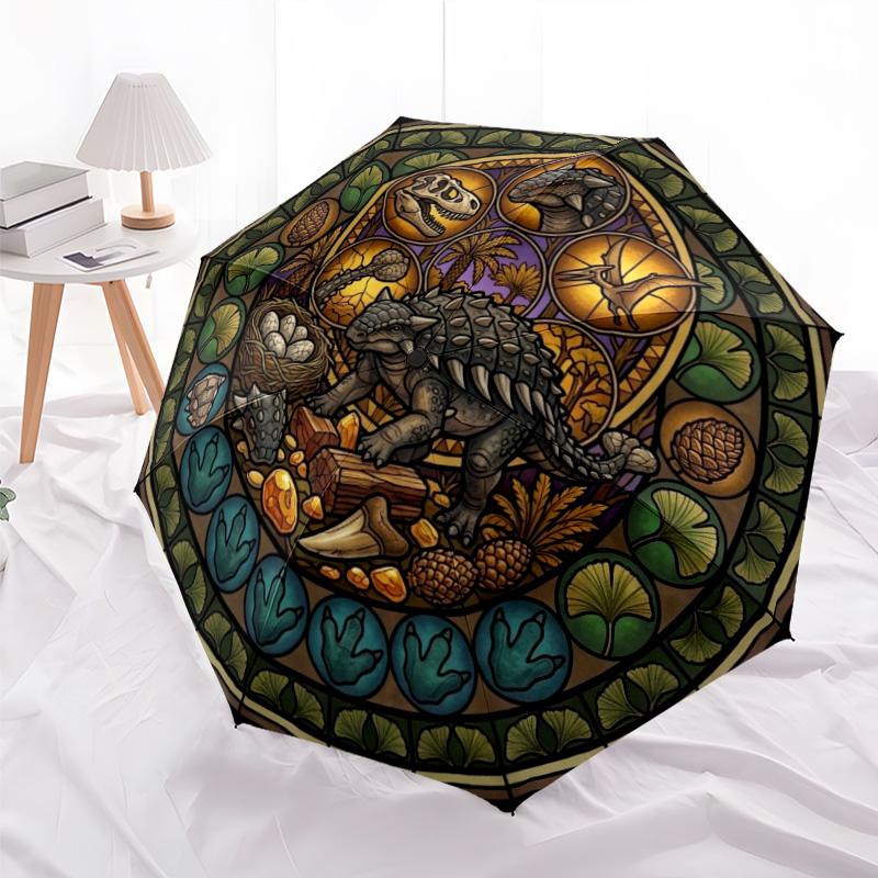 Dinosaur Glass Art Pattern Umbrella, Portable and Foldable Design, 8 Ribs, a Casual Accessory for Halloween, Christmas, and Birthday Gifts.
