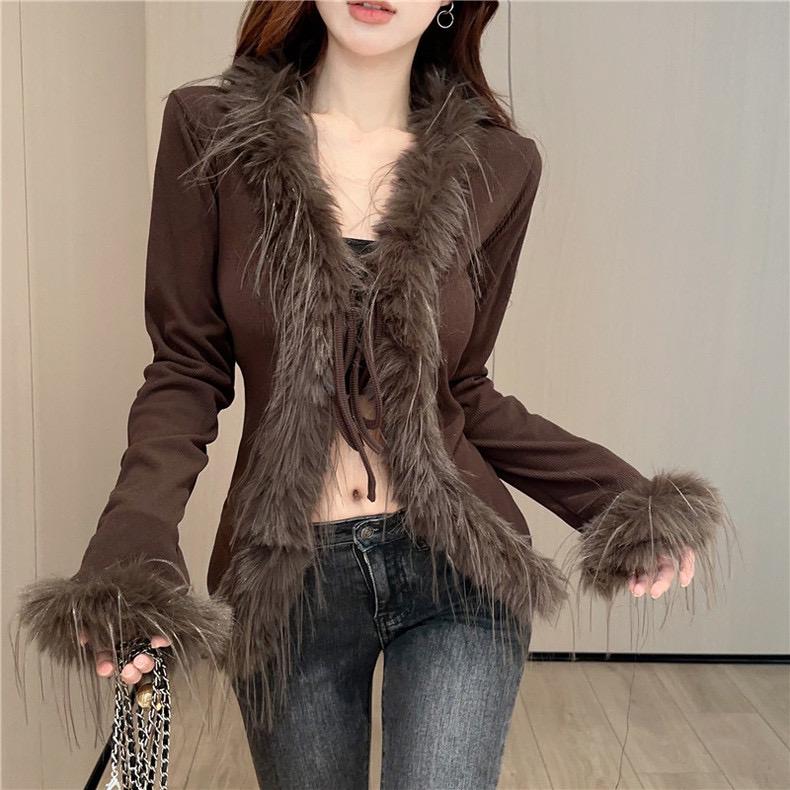 

Super Large Size 2-300 Pounds Fat Mm Plush V-neck Cardigan Tops Women s Spring and Autumn Slim Fit Temperament Splicing Cardigan Trend XXXXL