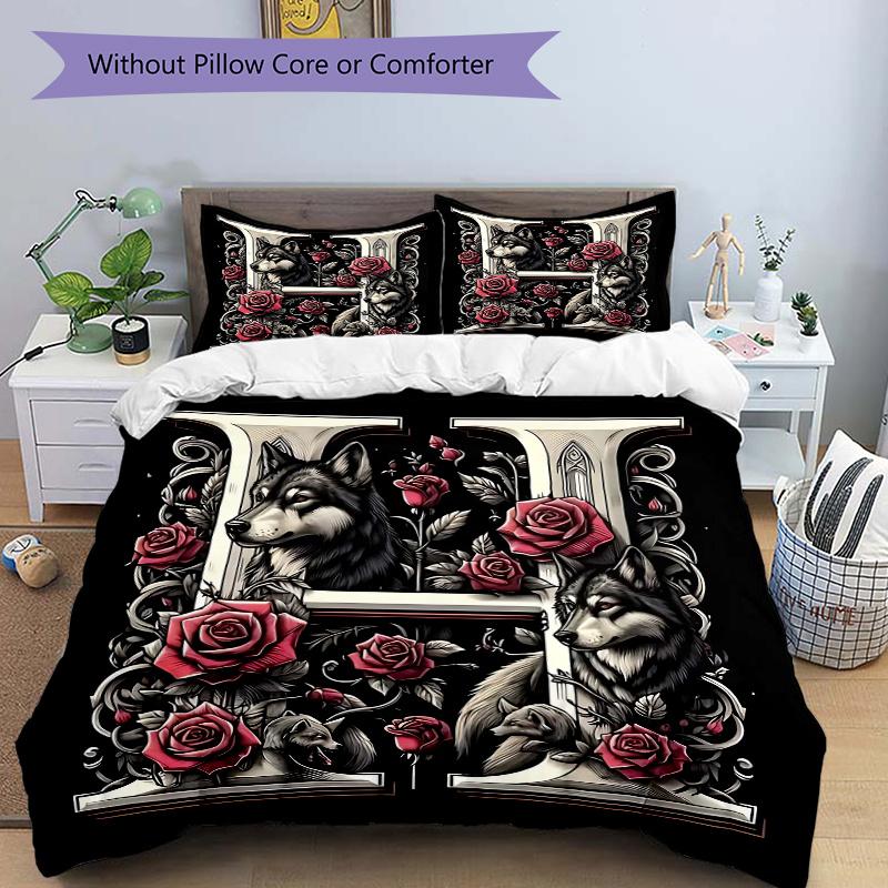 

3pcs Wolf Roses Design Print Bedding Set (1 Cover + 2 Pillowcases, Without Inserts), This Printed Bedding Set is Soft and Comfortable, Suita 135x200cm