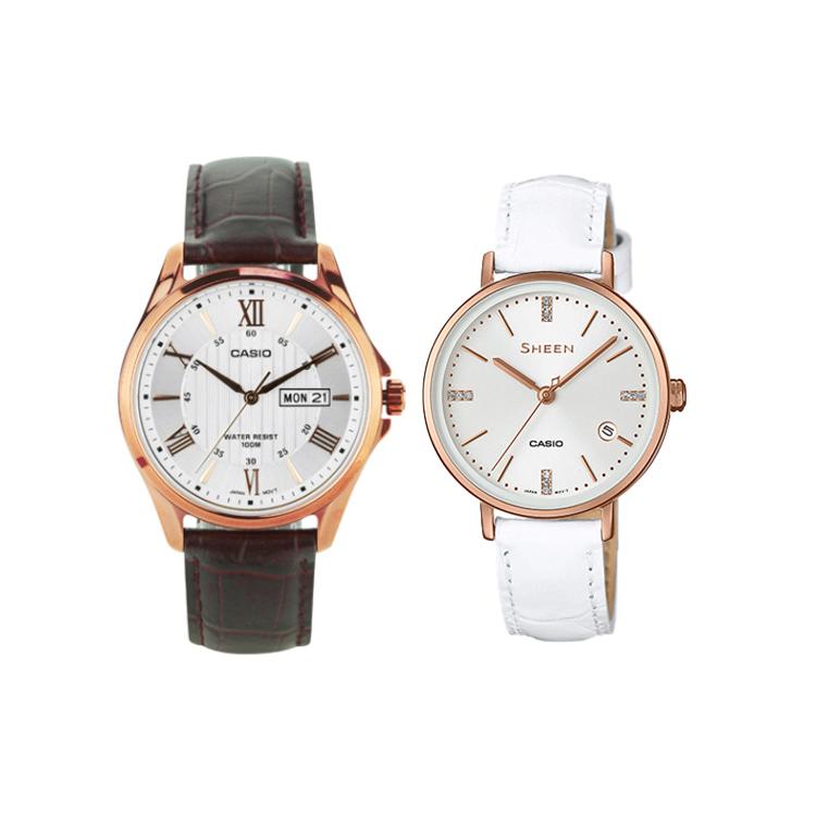 CASIO Unisex Pair Table Series Silver Watch MTP-1384L-7A+SHE-4048PGL-7A