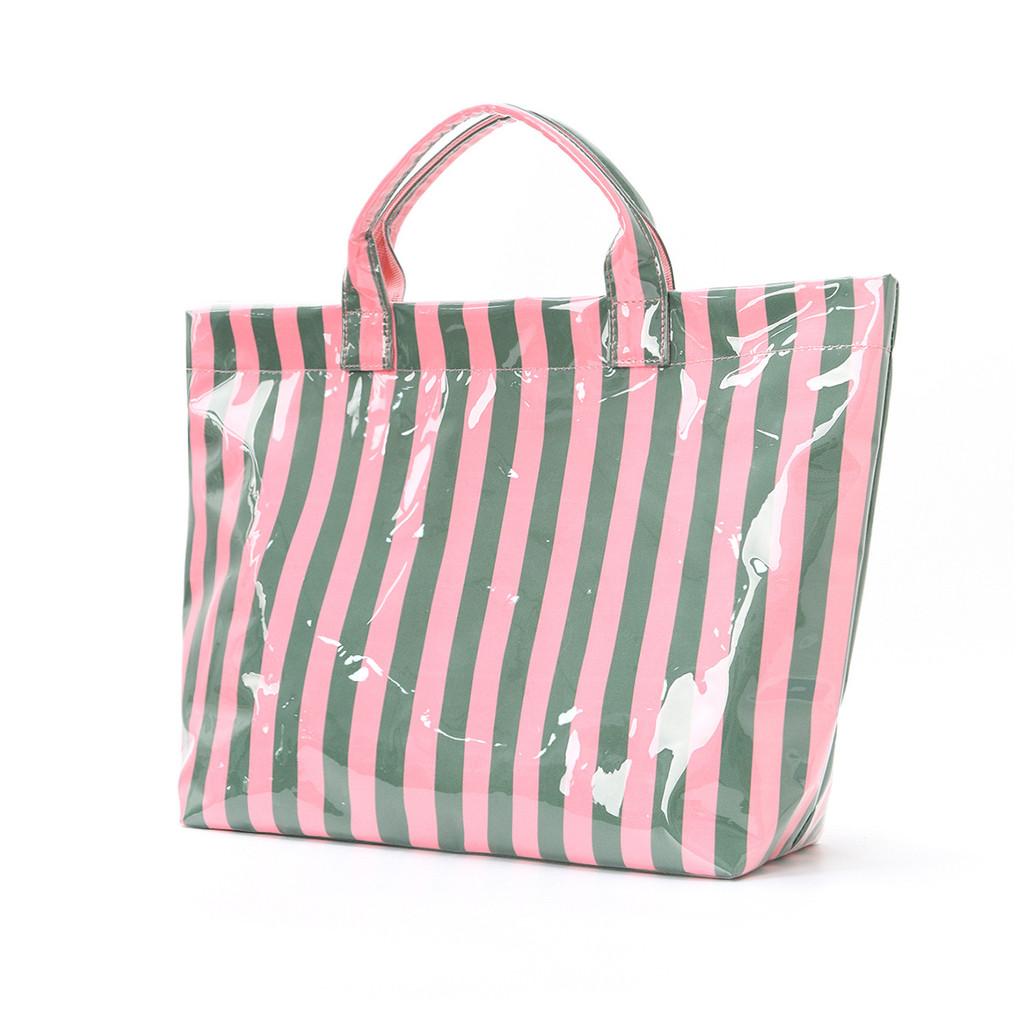 Pvc Striped Tote Bag With Magnetic Closure For Casual Travel And Daily Use