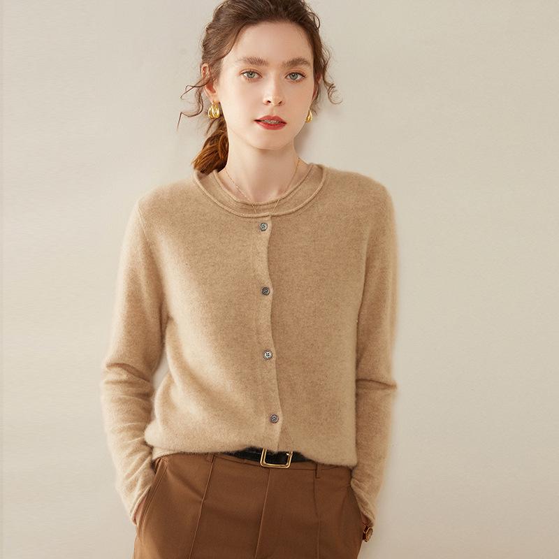 Women's Long-Sleeve Cashmere Cardigan - Round Neck, Cuffed, Single-Breasted, Loose Fit, Slimming Sweater for 2024 Autumn/Winter