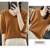Women's 100% Pure Wool V-neck Short-Sleeve Knit T-shirt, Spring/Autumn Versatile Base Layer Sweater