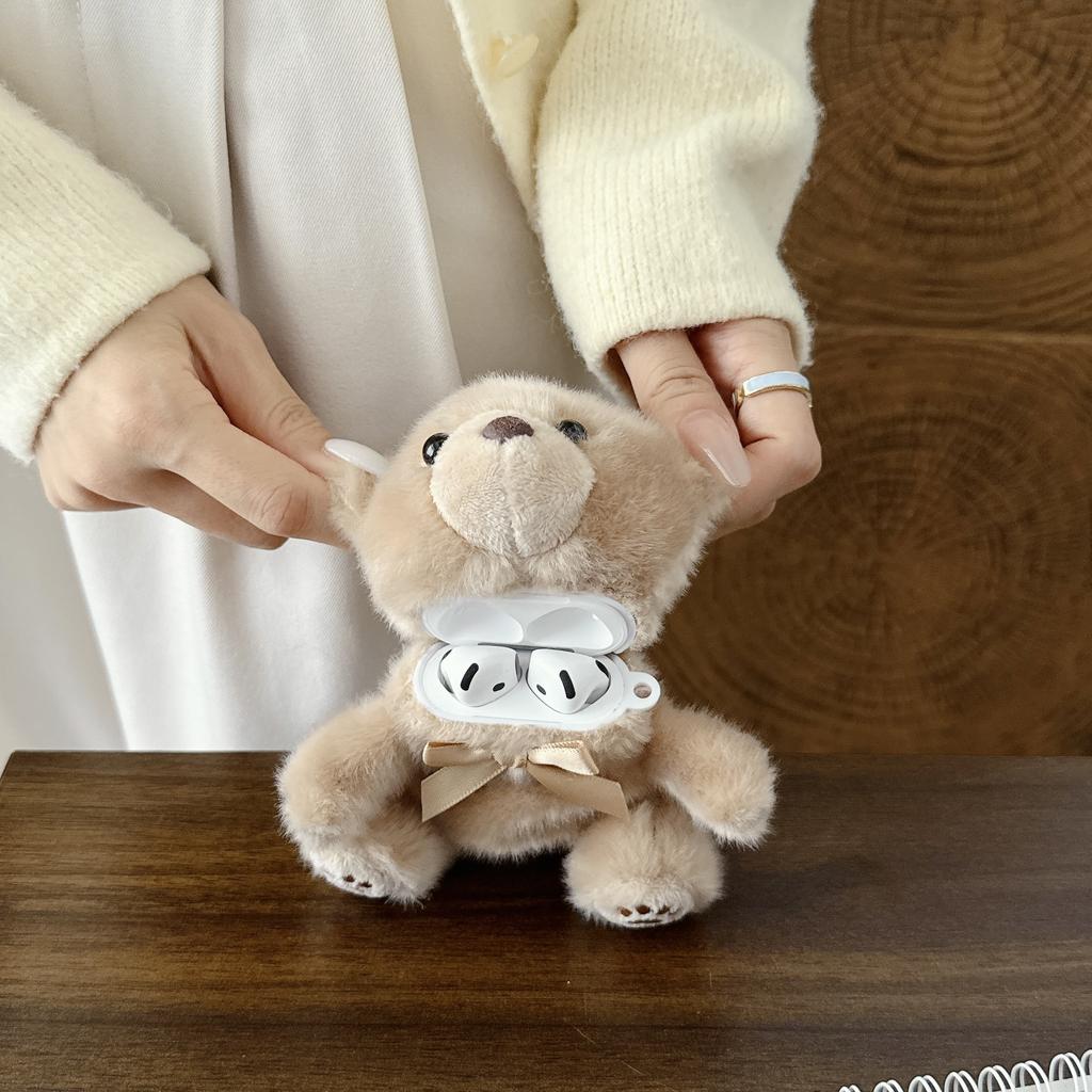 3D Fluffy Plush Bear For AirPods Case with Bow & Keychain Cute Shockproof Cover for AirPods 1 2 3 4 Pro Pro 2 Pro 3