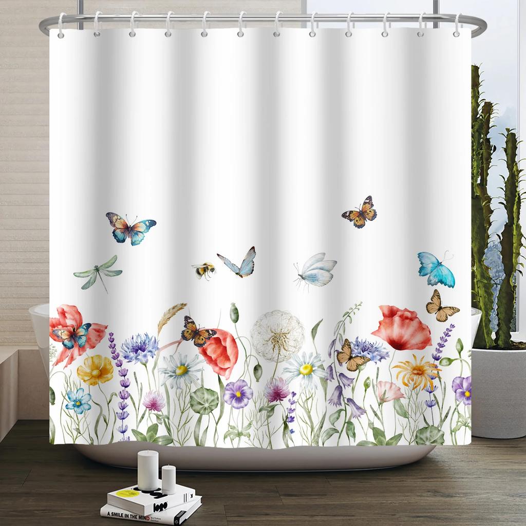 Watercolor Floral Shower Curtain for Bathroom Spring Elegant Flower Printed Bath Curtain Botanical Wildflower Bathroom Decor