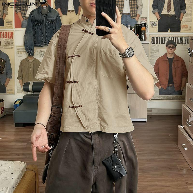 INCERUN Oversized Men Summer Short Sleeve Side Buttons Casual Vintage Tops Shirts