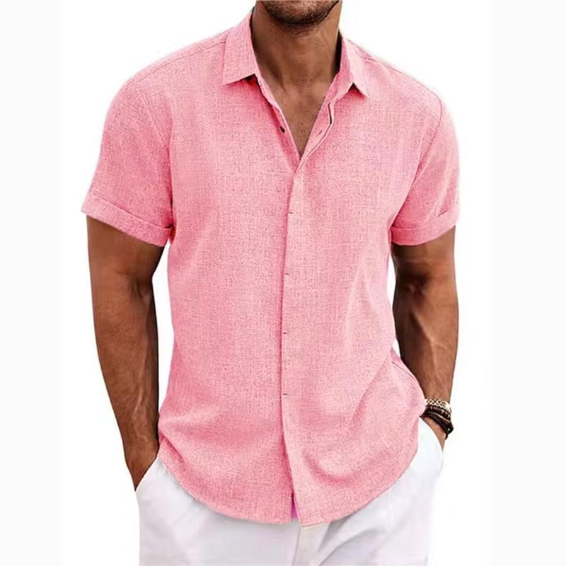 2025 Men's Plus Size Loose Cotton Linen Short-sleeve Solid Beach Shirt