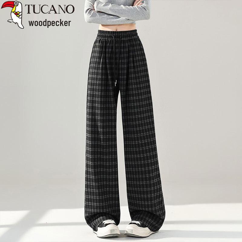 Woodpecker Women s Retro High-Waist Ice Silk Plaid Straight Pants 2XL