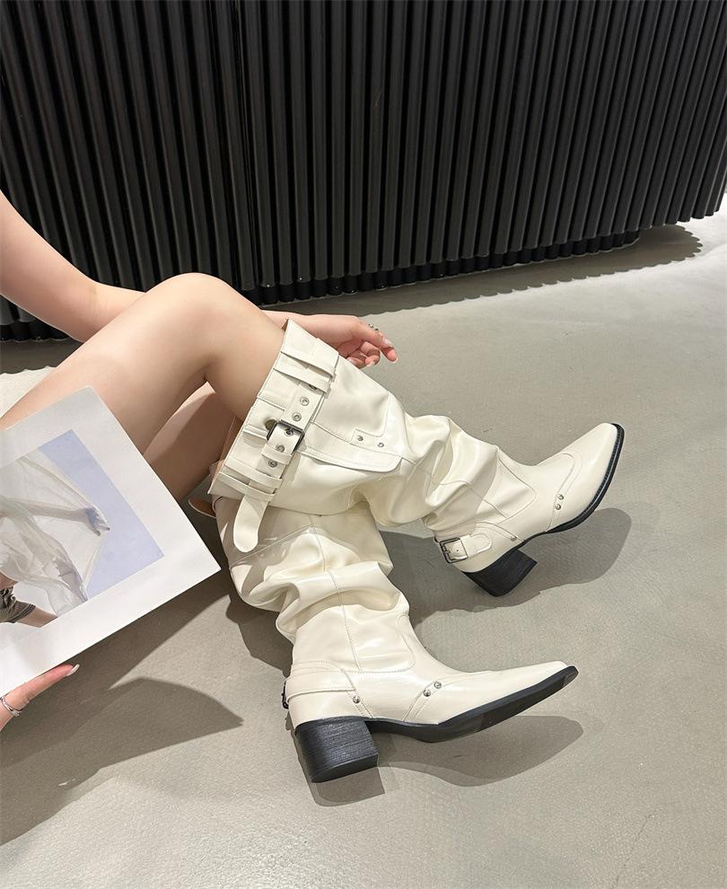 

~ Ретро ковбойские сапоги с острым носком, тонкие плиссированные сапоги-чулки, женские темпераментные сапоги до колена на толстом каблуке 39 абрикосовый