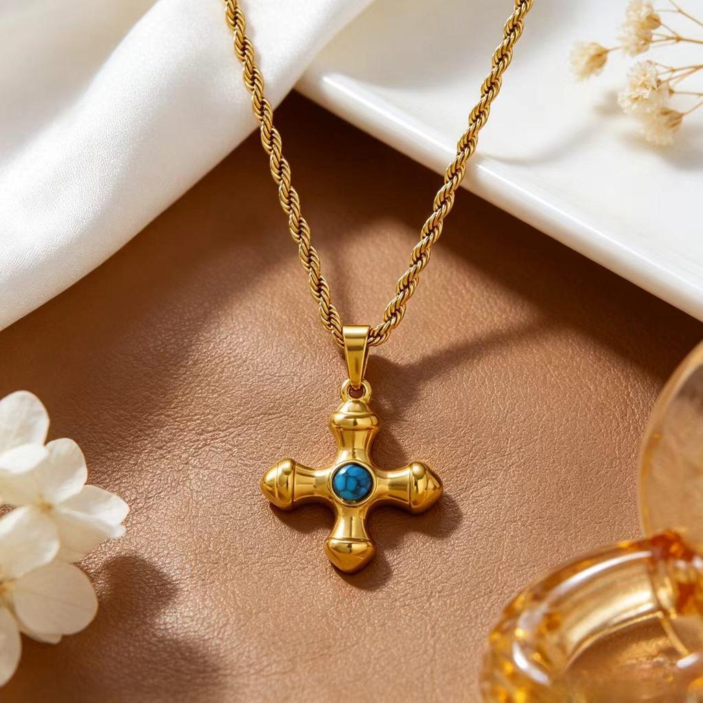 Gold-Plated Turquoise Twisted Chain Cross Necklace for Women - Non-Fading Titanium Steel Jewelry