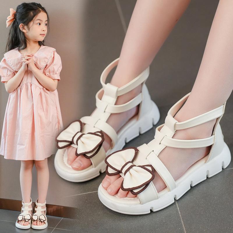 Kids Sandals Sweet Bow High-top Girls Roman Shoes with Back Zipper 2025 Summer New Children Beach Shoes Princess Style Ins Trend