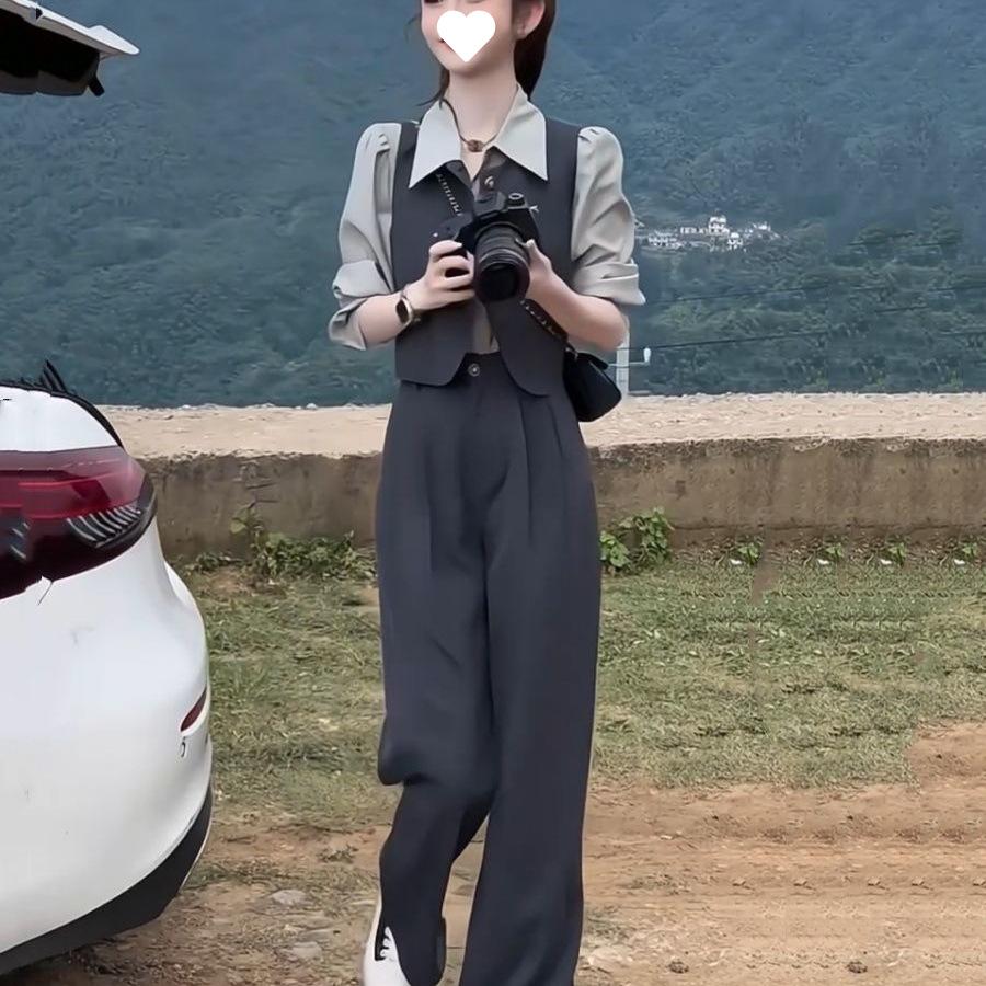 Early Spring Women's Mature Suit: Sleeveless Vest, Shirt, Wide-Leg Pants Petite 3-Piece Set