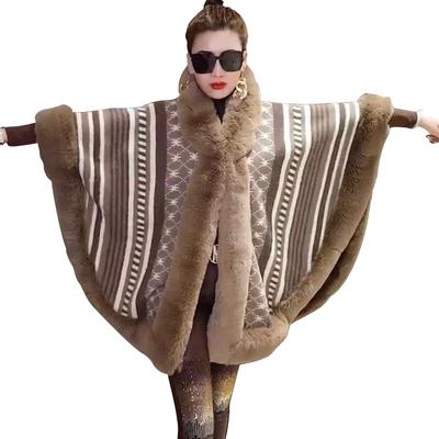 Winter Fashion Stars Printed Poncho Batwing Sleeves Overcoat Warm Women Out Streetwear Faux Rabbit Fur Collar Big Pendulum Capes