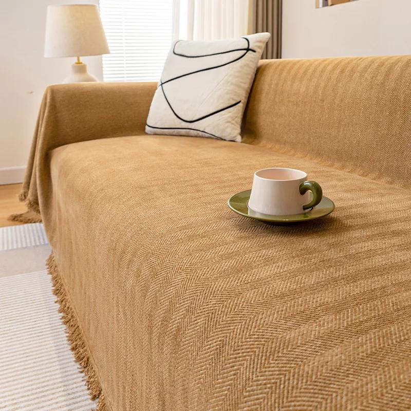 Chenille Sofa Cover Solid Color Striped Design Multi-use Machine Washable Sofa Towel Skin-friendly Wrinkle-resistant
