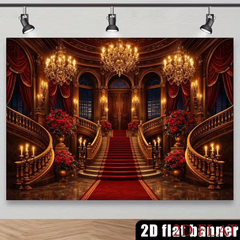 2D Grand Palace Hall Backdrop Red Rose Golden Staircase Party Background Cloth 47.2x31.5inch/120*80cm