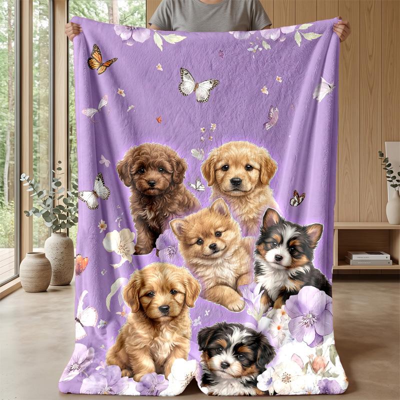 Puppies and Butterflies Garden Theme blanket Lightweight Warm Flannel Blanket Decorative Throw Blanket for Home Decoration