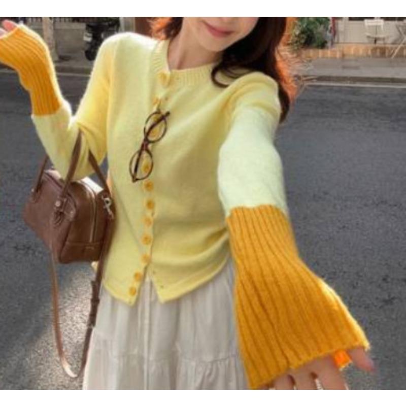 

Шикарный кардиган контрастного цвета, женский осенне-зимний новый милый приталенный тонкий топ с длинными рукавами в нишевом стиле One size жёлтый