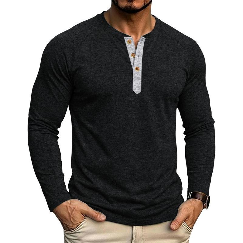 Mens Classic Style Henley Pullover Tops Raglan Long Sleeve Solid Color Daily Casual Wear Crew Neck Basic T Shirts