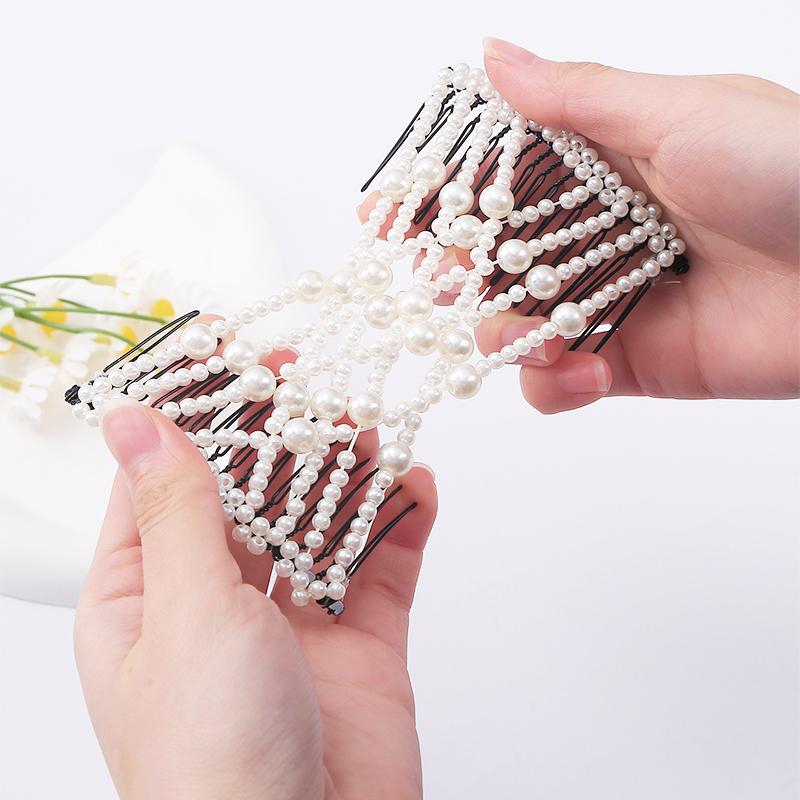 Women DIY Hair Accessories Pearl Beaded Elastic Hair Claw Hairpin Magic Comb Up-Do Hairstyle Bun Maker Tool Ponytail Hairdo Wolf