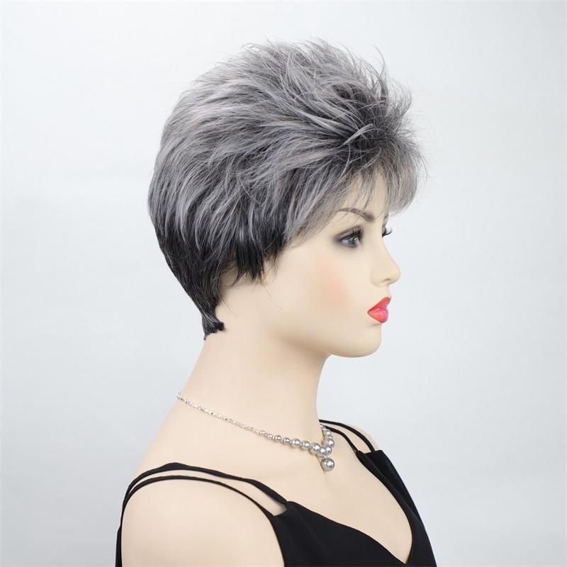 Synthetic Mixed Old Woman Wig Ombre Short Wave Hair Natural Layered Grandmother Wigs with Bangs Cosplay Costume