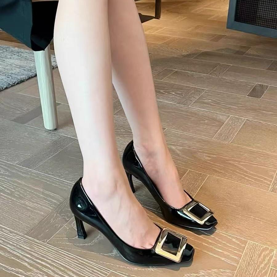 [New] Black patent leather high heels women's square head thick heel square buckle French temperament beautiful adult ceremony single shoes women