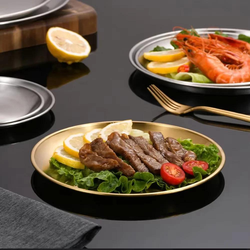 2Pcs Gold Stainless Steels Metal Round Plate Rust-Proof Shallow Tray Plate Camping Plate BBQ Picnic Dishes Cookware Tableware